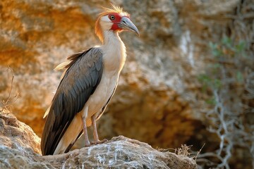 Fototapeta premium Large bird with colorful head and sharp beak standing on rocky surface against blurred rocky background in natural sunlight