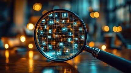 Magnifying glass focusing on glowing digital social media and technology icons with a blurred warm ambient background symbolizing data analysis and connectivity