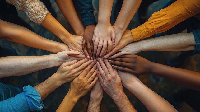 Group of diverse people joining hands together in a circle symbolizing unity and teamwork