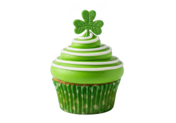 Delicious green frosted cupcake topped with a shamrock decoration for st patrick day celebration isolated on white background