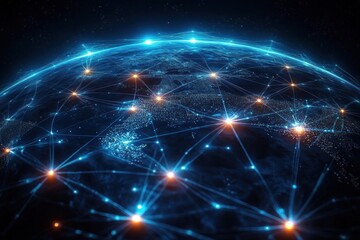 Digital network connections glowing over a curved earth surface against a dark space background representing global communication and data exchange