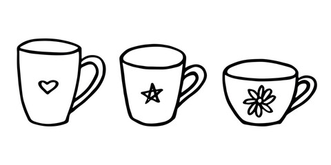Set of cute hand drawn cup of tea or coffee Simple mug clipart Cozy home doodle Single element for design