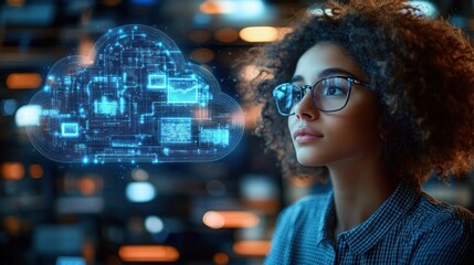 Thoughtful young woman with glasses looking at holographic cloud data interface in futuristic digital environment