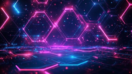 Glowing neon hexagonal patterns with bright pink and blue lights creating a futuristic digital network atmosphere in a dark space