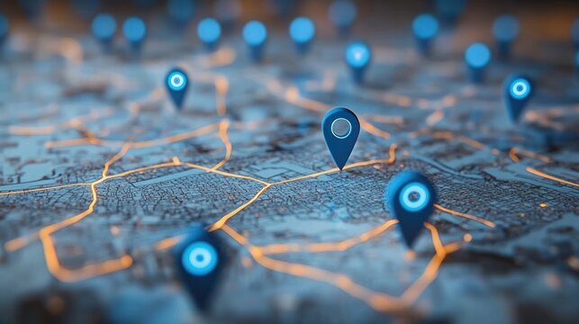 Close-up view of a detailed city map with glowing orange streets and multiple blue location pins marking different points
