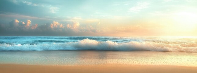 Gentle ocean waves rolling onto a sandy beach under a bright, partly cloudy sky during a calm sunrise or sunset
