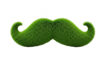 A vibrant green, bushy, handlebar mustache made of grass or moss, isolated on white background for a fun, ecofriendly, or novelty concept