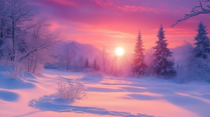 peaceful snowy landscape with frosted trees and bright sun setting behind distant mountains under a colorful purple and pink sky