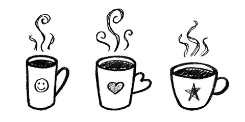 Set of cup of tea or coffee with rising steam Simple mug clipart Cozy home doodle Single element for print, web, design, decor