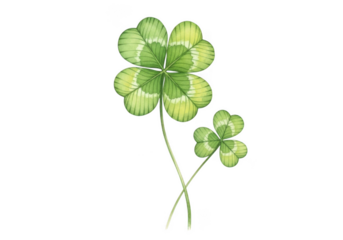 Watercolor illustration of a rare fourleaf clover plant next to a common threeleaf clover, isolated on transparent background