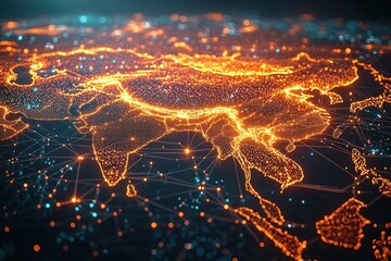 Digital glowing map highlighting South Asia and Southeast Asia with interconnected network points and lines in a futuristic data visualization style