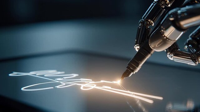 Robotic hand creates luminous signature on digital tablet, symbolizing AI and automation in modern business