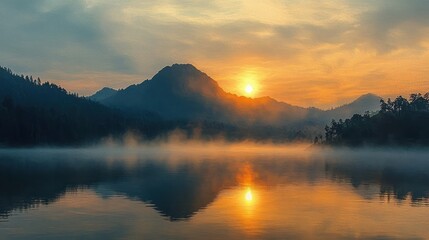 Sunrise over misty lake surrounded by forested mountains with calm water reflecting the golden sky and sun