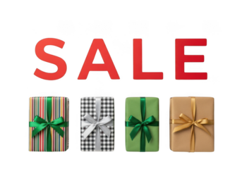 Red sale text above four wrapped gift boxes with ribbons, isolated on white background for holiday promotion or discount announcement