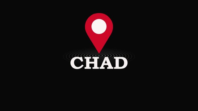 Chad Location Symbol. Chad country name text down location pin pointer icon black background.