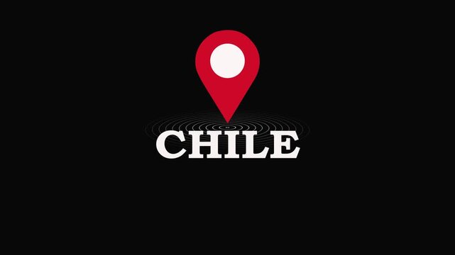 Chile Location Symbol. Chile country name text down location pin pointer icon black background.