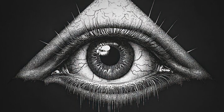 Detailed black and white drawing of a single human eye within a triangular frame, showing intricate iris texture, visible blood vessels, and eyelashes with a mysterious and intense emotion