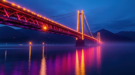 Fototapeta premium illuminated suspension bridge glowing orange and purple over calm water with mist and mountains in the background at dusk