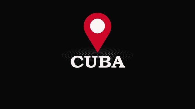 Cuba Location Symbol. Cuba country name text down location pin pointer icon black background.