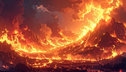 Dramatic landscape of volcanic mountains spewing burning lava