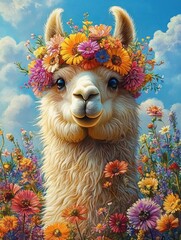 Obraz premium Close-up of a smiling alpaca wearing a colorful flower crown surrounded by vibrant wildflowers under a bright blue sky with clouds