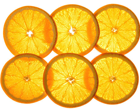 Six translucent orange slices backlit, showcasing texture and vivid citrus hues - Powered by Adobe