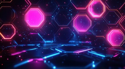 Futuristic digital hexagonal patterns glowing in vibrant pink and blue neon lights with scattered particle effects creating a high-tech immersive atmosphere