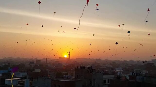 Kite Festival at Sunset A Colorful Sky Over the City of Punjab, Pakistan
