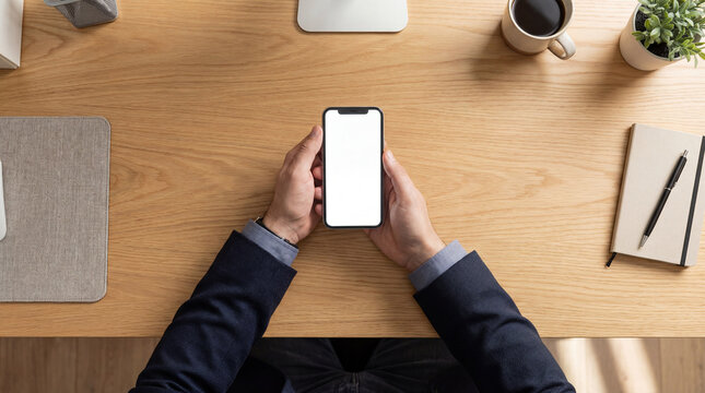 Top View of Businessman Holding Blank Screen Mockup Mobile Phone