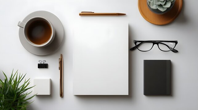 Minimal workspace flat lay with notebook and coffee cup