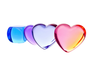 Four glossy hearts in a row, each a different color, against a black background