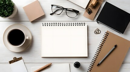 Minimal workspace flat lay with notebook and stationery