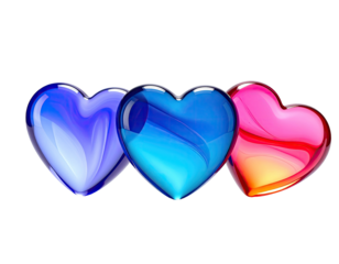 Three vibrant, glossy hearts, each with different colored interiors, sit against a solid black background