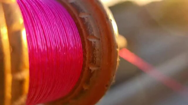 Pink Thread Spool Close-Up Vibrant Textile, Art, Sewing, and Crafting Material