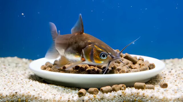 Multiple fish enjoy their meal from various bowls and plates in an underwater setting, perfectly capturing the concept of abundance and satisfaction reminiscent of our own experiences with a.