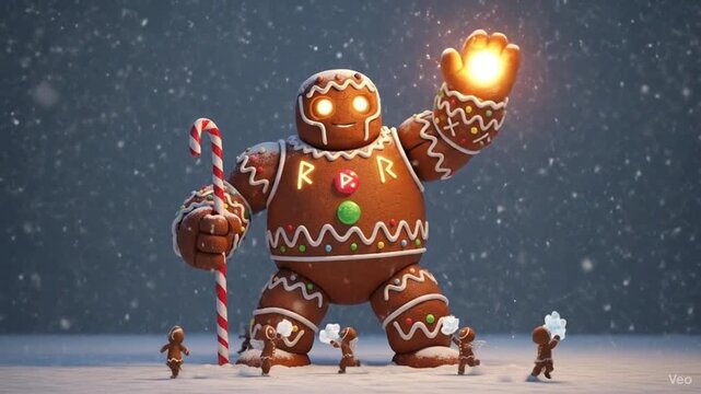 a towering gingerbread golem decorated with glowing candy patterns and icing runes. 