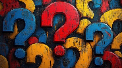 Multiple large colorful question marks in red, blue, and yellow arranged closely with a textured, weathered surface conveying curiosity and uncertainty