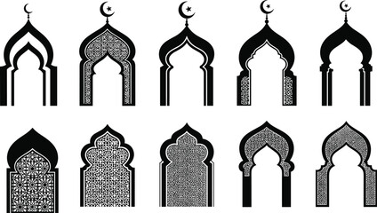 Collection of black Islamic archways with crescent moons and geometric patterns mosque