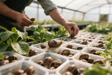 Person handling snails in containers within a greenhouse setting