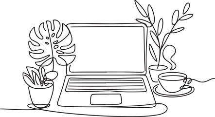 Conceptual one line drawing of a cozy home office setup with a laptop, coffee, and houseplants for a modern minimalist workspace