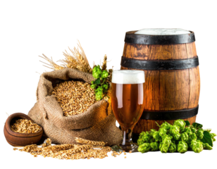 Still life composition with elements of beer production; grains, hops, barrel and glass