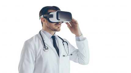 A doctor wearing a virtual reality headset and a white coat against  image view on transparent background