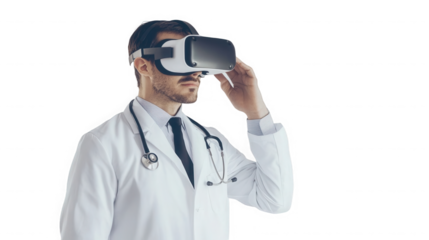 A doctor wearing a virtual reality headset and a white coat against  image view on transparent background