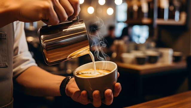 Barista pouring milk to create latte art in a cozy cafe