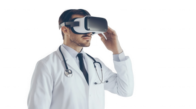 A doctor wearing a virtual reality headset and a white coat against  image view on transparent background - Powered by Adobe