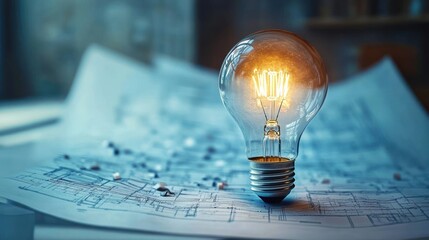 Glowing incandescent light bulb placed on top of architectural blueprints symbolizing innovation and creative ideas in design and planning