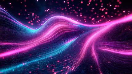 Vibrant flowing waves of glowing pink and blue digital particles creating an abstract dynamic landscape with soft floating orbs in a dark space
