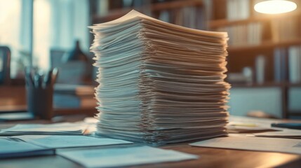 Large stack of papers piled on a desk in an office setting with blurred background and warm lighting, conveying a sense of workload and organization