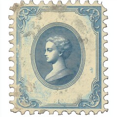 Obraz premium Vintage postage stamp featuring an engraved profile portrait of a woman with ornate floral corner decorations in blue ink on aged paper