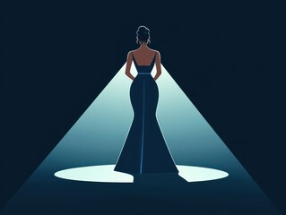 Elegant woman in a long dark blue evening gown standing under a bright spotlight on a dark stage, viewed from behind, exuding confidence and grace